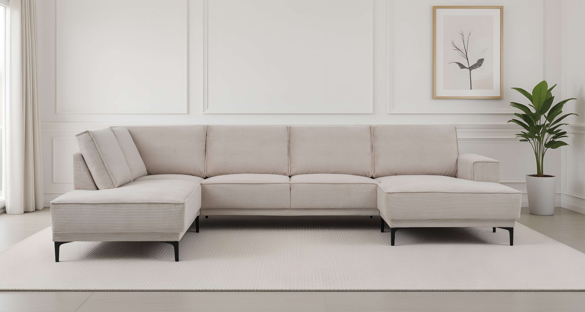 Wohnlandschaft OTTO HOME "XXL Sofa Oland, Struktur, Flachgewebe, Luxus-Microfaser, Boucle", sand, B:345cm H:85cm T:210cm, 92%PES 8%NY, Sofas, Wohnlandschaft, U-Form, 345 cm, Wellenunterfederung, Skandi-Design, Metallfüße