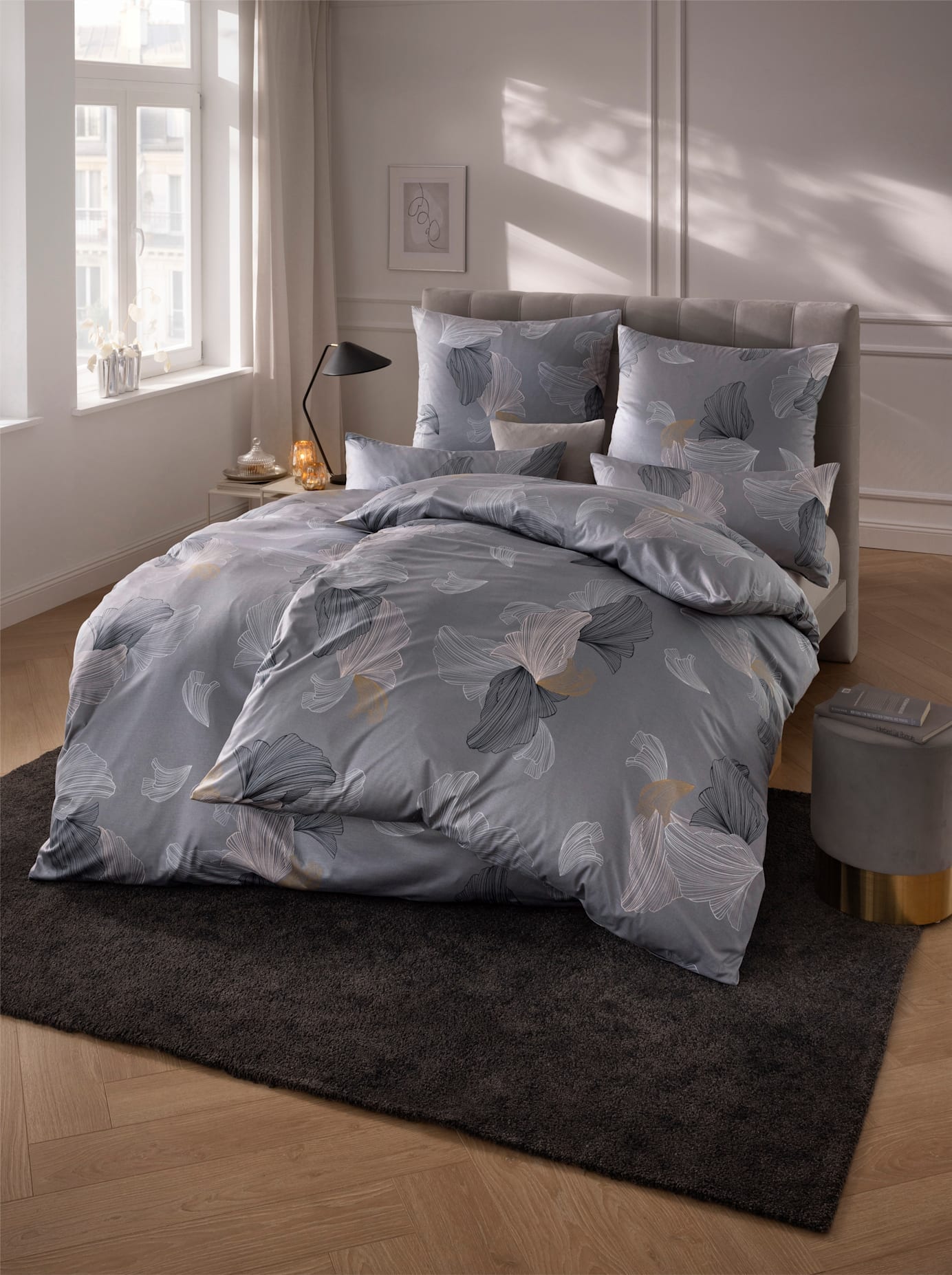 Bettwäsche ESTELLA Gr. 2, grau (steingrau, weiß, bedruckt), B/L: 155cm x 200cm, Feinflanell, B/L: 80cm x 80cm, 3 Stk., Feinflanell, 100% Baumwolle, Bettwäsche Image