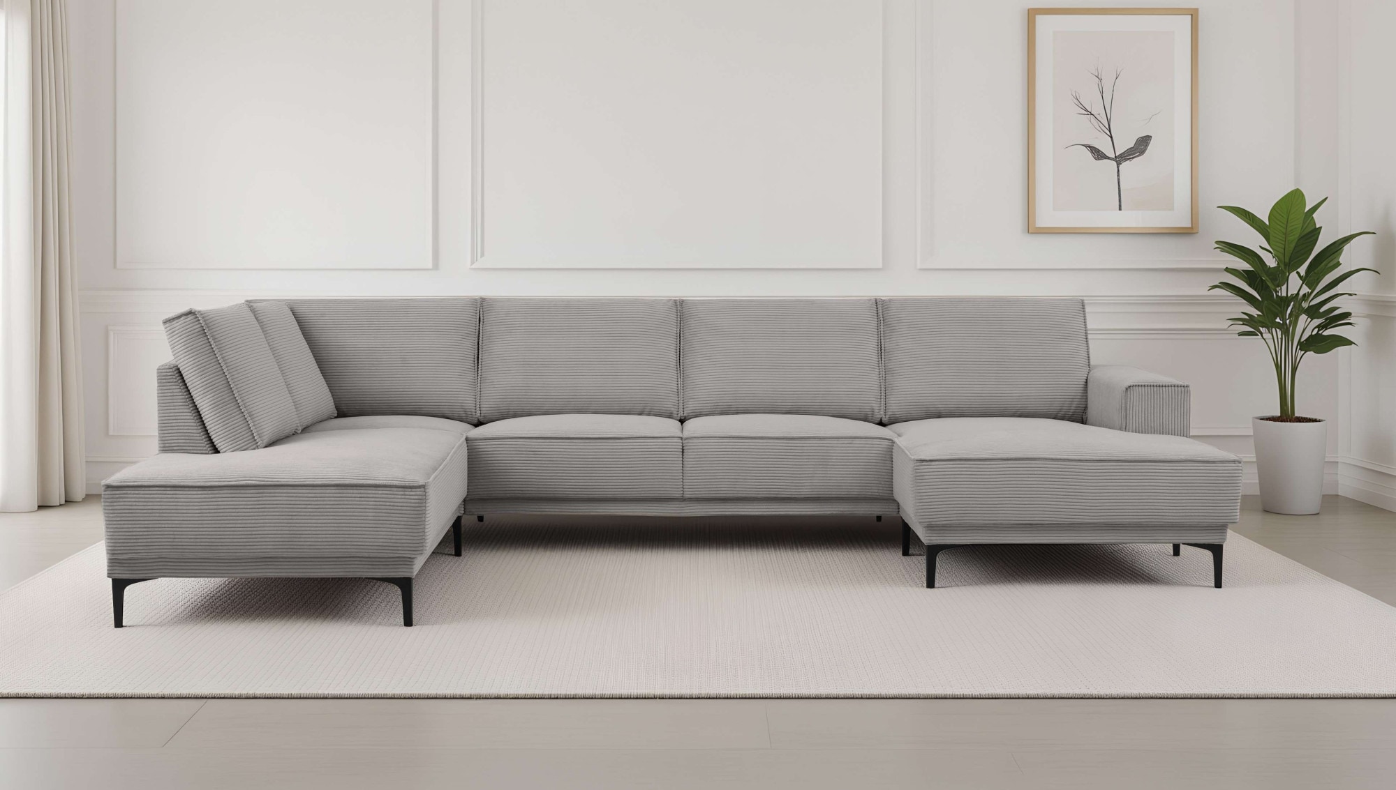 Wohnlandschaft OTTO HOME "XXL Sofa Oland, Struktur, Flachgewebe, Luxus-Microfaser, Boucle", light grau, B:345cm H:85cm T:210cm, 92%PES 8%NY, Sofas, Wohnlandschaft, U-Form, 345 cm, Wellenunterfederung, Skandi-Design, Metallfüße