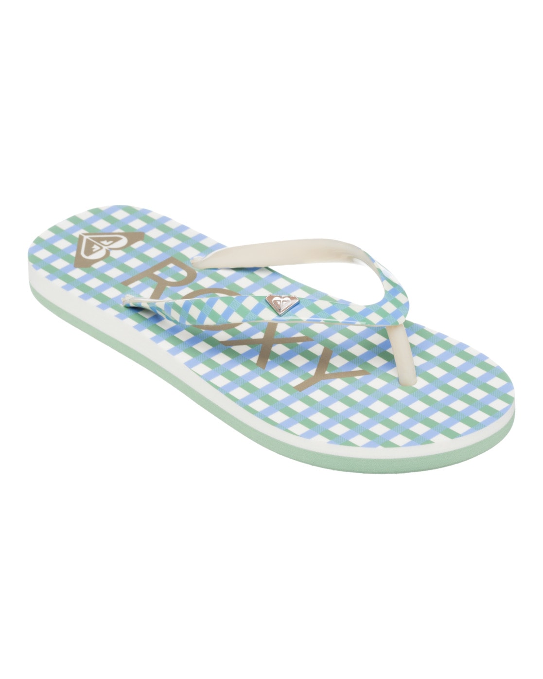 Sandale ROXY "Pebbles", Gr. 13(30), weiß (blau plaid, weiß), Obermaterial: 95% Synthetikmaterial, 5% Metall / Futter: 100% Synthetikmaterial / Außensohle: 100% Moosgummi, Schuhe