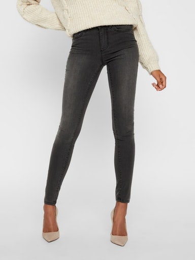 Skinny-fit-Jeans VERO MODA "VMTANYA MR S PIPING JEANS VI207 GA NOOS", Damen, Gr. M (38), Länge 34, blau (dunkelgrau denim), Denim/Jeans, Obermaterial: 50% Baumwolle, 38% Polyester, 9% Viskose, 3% Elasthan, unifarben, skinny fit, Jeans