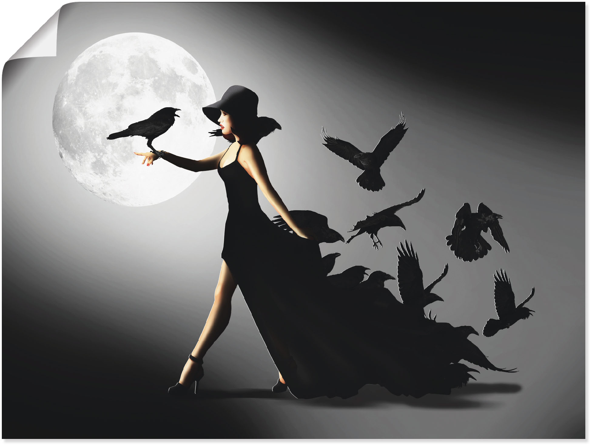 Wandbild ARTLAND "Die Frau mit den Raben", schwarz (farbe bild(er): schwarz), B:120cm H:90cm, Bilder, als Alubild, Outdoorbild, Leinwandbild, Poster, Wandaufkleber Image