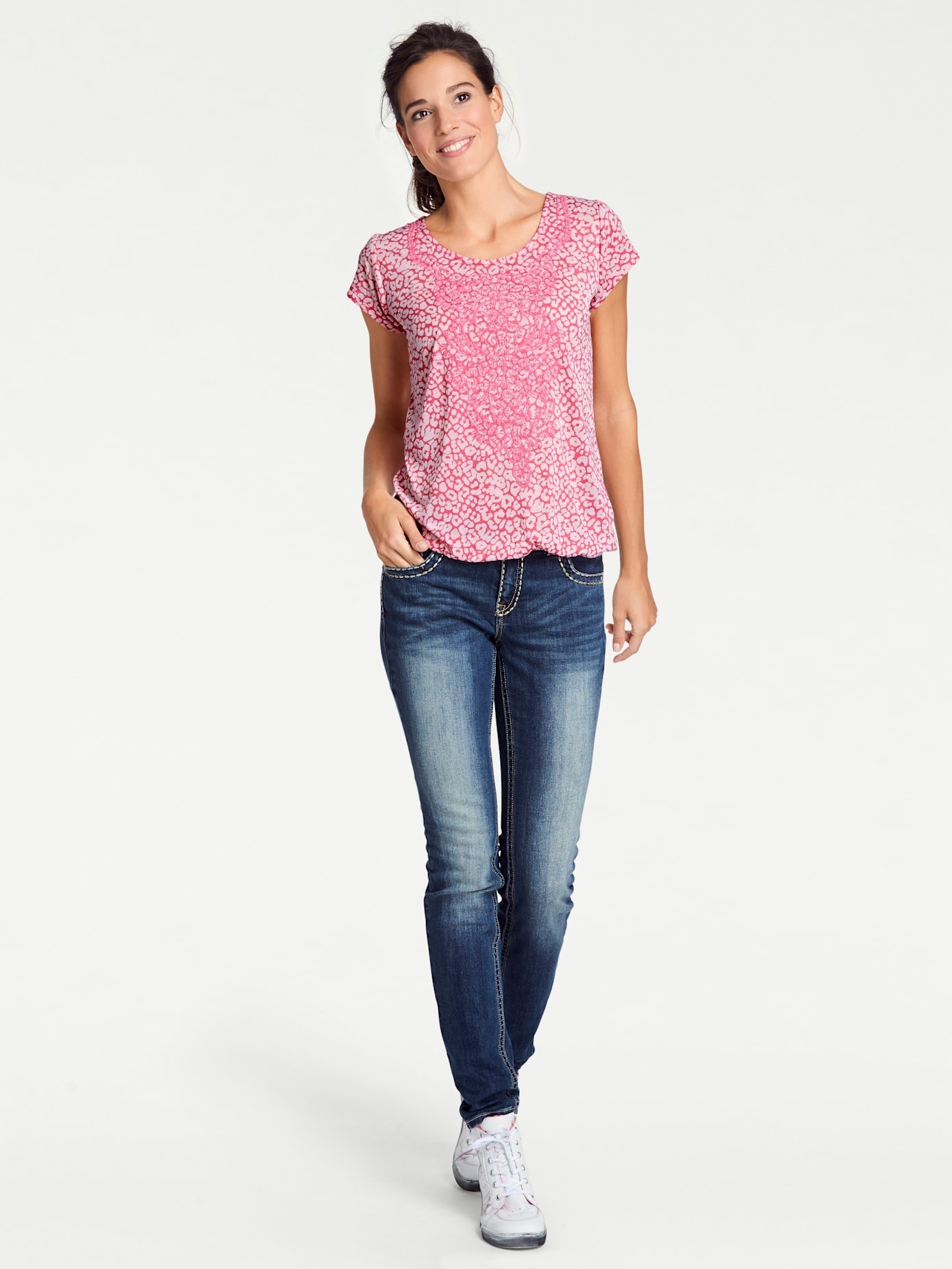 Rundhalsshirt HEINE "Rundhals-Shirt", Damen, Gr. 50, lila (himbeere), 50% Polyester, 50% Viskose, unifarben, Rundhals, Shirts Image