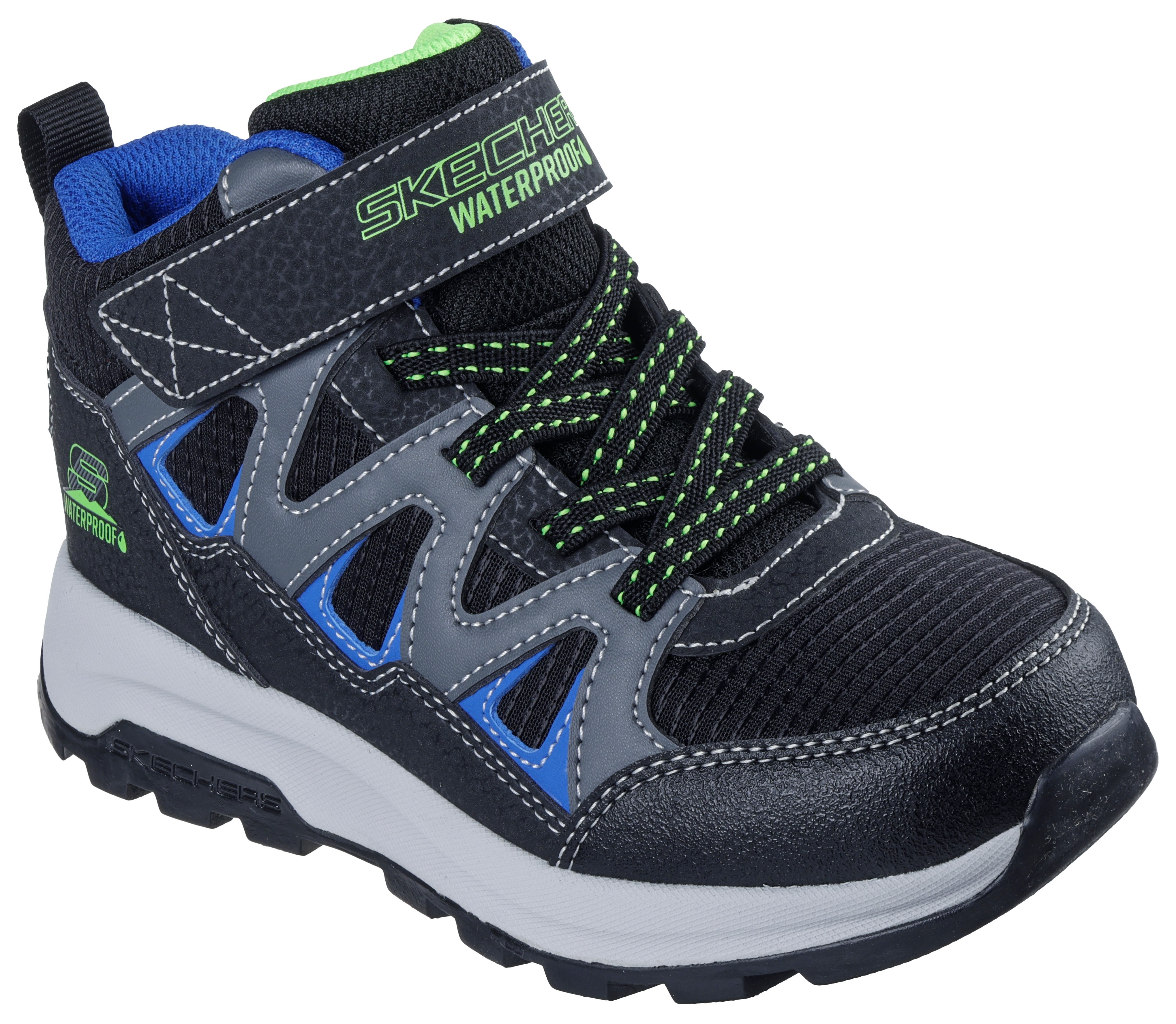 Klettstiefel SKECHERS "STORM BLAZER", Mädchen, Gr. 31, schwarz (schwarz, blau), Lederimitat, Textil, kontrastfarbene Details, Schuhe Klettstiefel, Freizeitschuh mit waterproof, Größenschablone zum Download