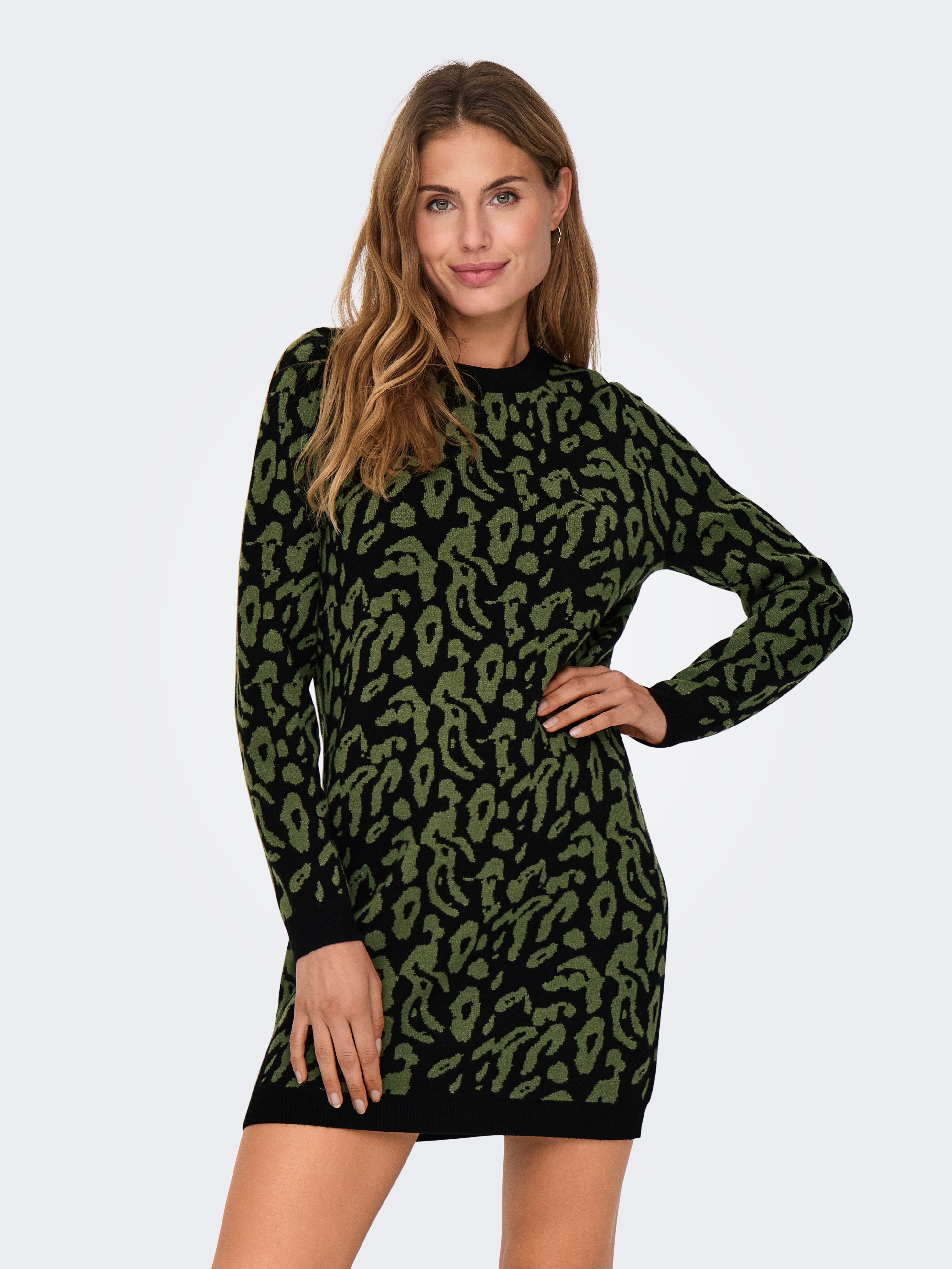 Strickkleid ONLY "ONLJENNI LS ANIMAL DRESS EX KNT", Damen, Gr. XL, N-Gr, schwarz pattern:olive night leo, Strick, Obermaterial: 50% Viskose, 27% Nylon, 23% Polyester, gemustert, Modisch, regular fit ca. Mitte Oberschenkel, Rundhals, Kleider Image