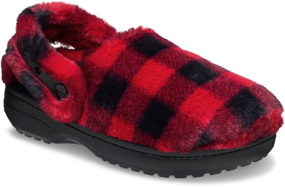 Hausschuh CROCS "Classic Buff Check Cozzy Slipper", Damen, Gr. 41, schwarz, rot, Croslite™, Textil, kariert, Schuhe Hausschuh, Pantoffel, Mule mit kariertem Muster