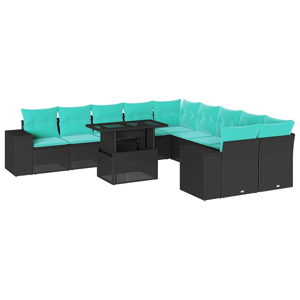vidaXL 11-teiliges Gartensofa-Set mit Kissen, schwarzes Polyrattan Image