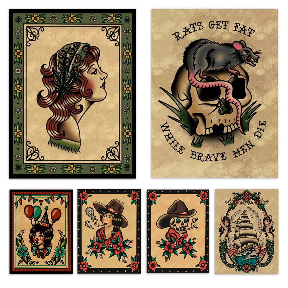 American traditional tattoo pharaoh, vase, mermaid and clipper ship, black panther and strawberry tattoo flash art poster