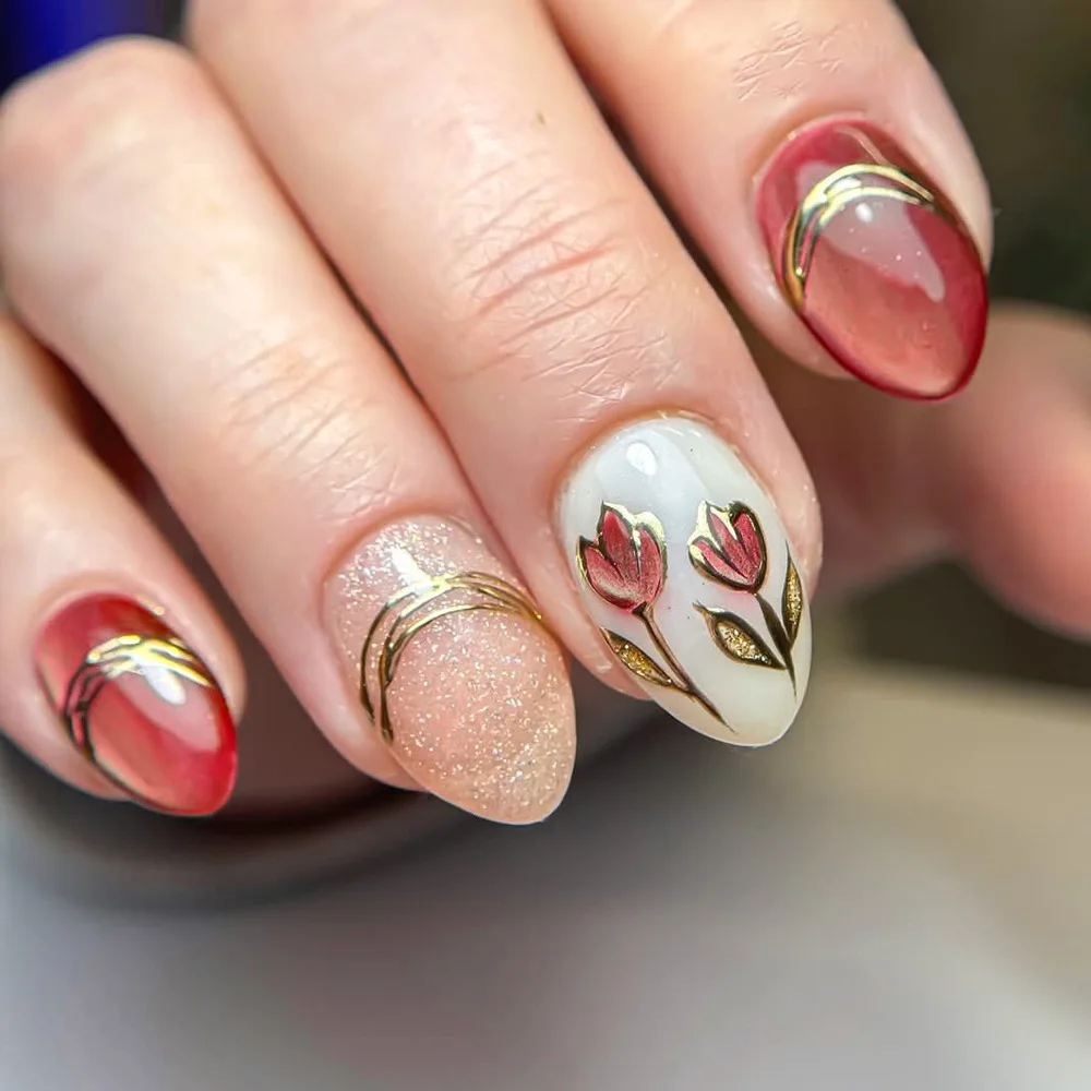 24Pcs Short Almond Nails Set Press on Cat's Eye 3D Gilding Flower Full Cover Fake Nails Tips Shiny Powder Detachable False Nails