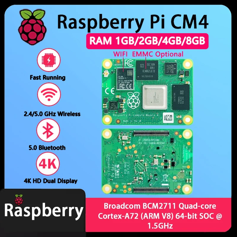 Raspberry Pi CM4 1 GB/2 GB/4 GB/8 GB RAM BCM2711 Quad-Core CortexA7264 Rpi ComputeModule 4 4 GB/8 GB/16 GB/32 GB EMMC WLAN optional Image