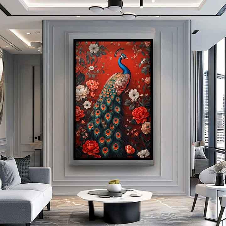 Tela di pavone, stampa di fiori di pavone, arte murale di pavone su sfondo rosso, arte di pavone, dipinto di pavone, tela di animali, dipinto di anima