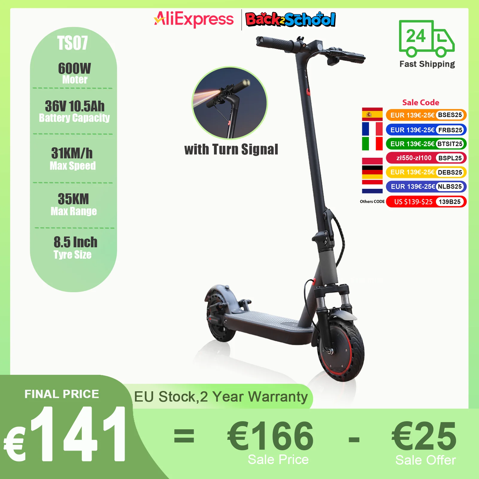 ATSANT TS07 Elektroroller 600 W 36 V 10,5 Ah 31 km/h 35 km lange Reichweite 8,5 Zoll Reifen mit Stoßdämpfung Blinker Escooter Image