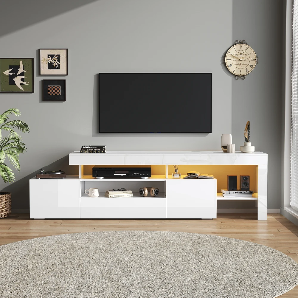 192 * 37 * 53 cm moderner Wohnzimmer-TV-Schrank mit 3 Schränken, TV-Ständer mit LED, Hochglanz-Lowboard, Kommode für 85-Zoll-Fernseher