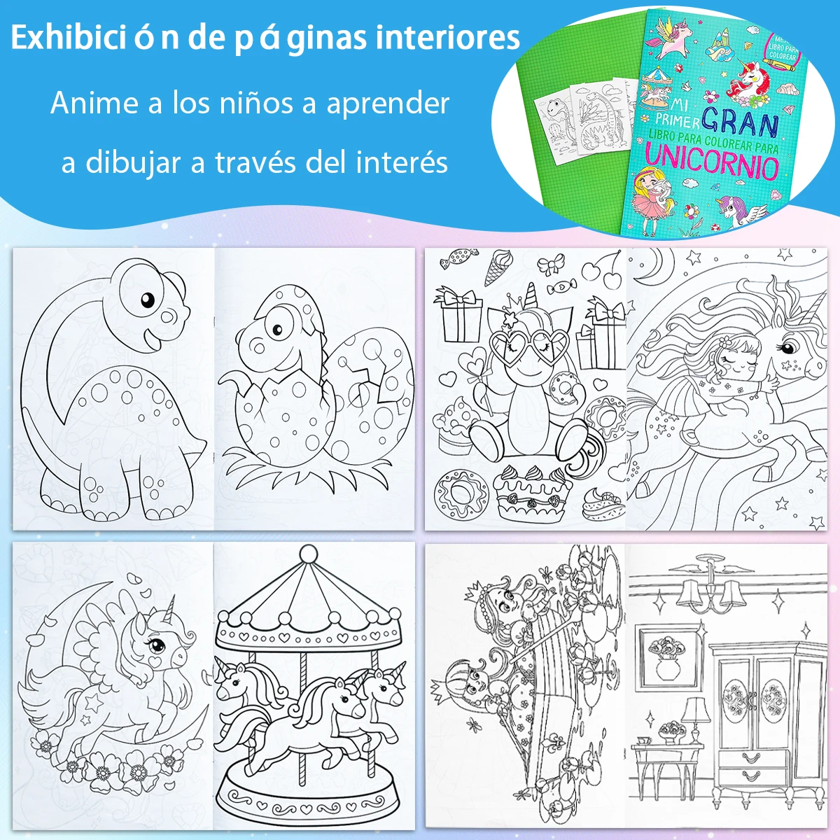 Malbuch-Set für Kinder: Dinosaurier, Einhorn, Prinzessinnen-Thema, Malbuch in spanischer Sprache, Malbuch für Kinder Image