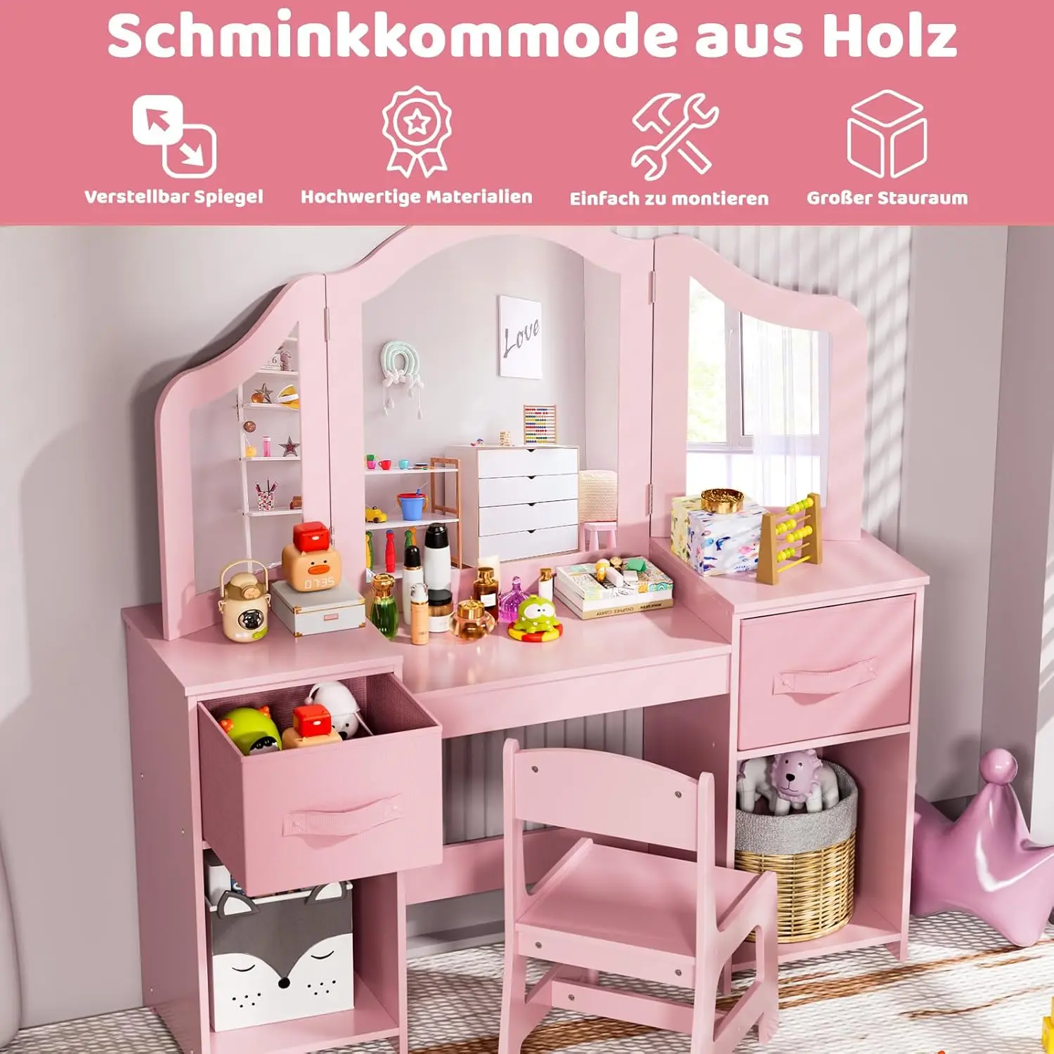 Schminktisch-Set für Kinder, Schminktisch-Set für Kinder, Make-up-Schminktischstuhl für Mädchen, mit abnehmbarem Spiegel, Rosa Image