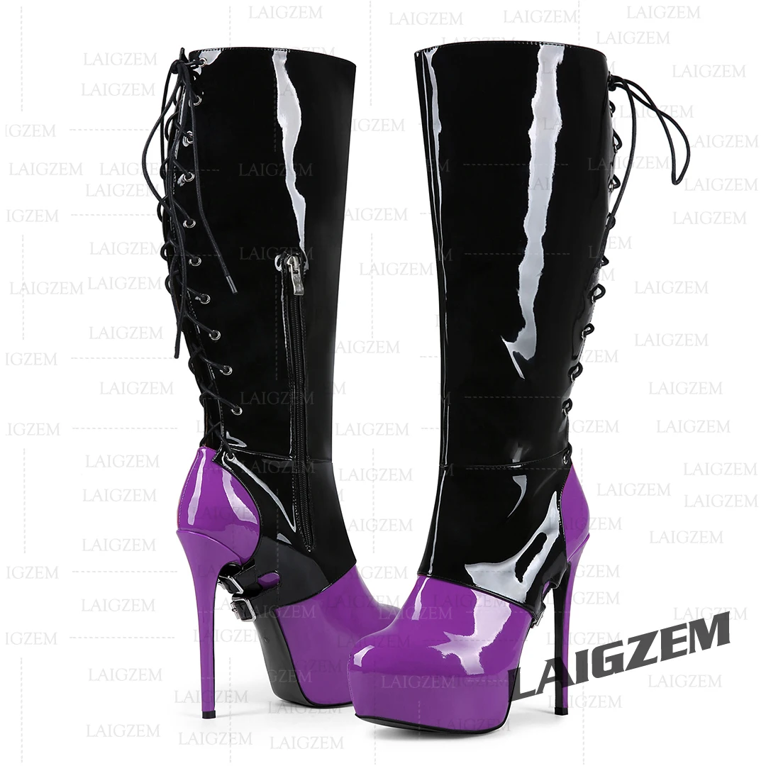 LAIGZEM Frauen Kniehohe Stiefel Patchwork Plattform Runde Kappe Dünne Fersen Seitlichem Reißverschluss Hohe Stiefel Damen Schuhe Frau Große Größe 38 43 52