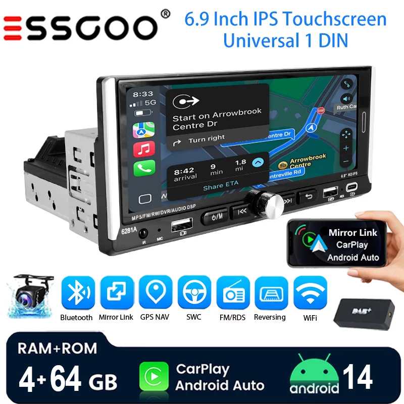 ESSGOO 6,9 "Android 14 4 + 64G Auto Stereo Radio Drahtlose Apple Carplay Bluetooth Android Auto GPS Navi WIFI FM RDS SWC Touchscreen Image