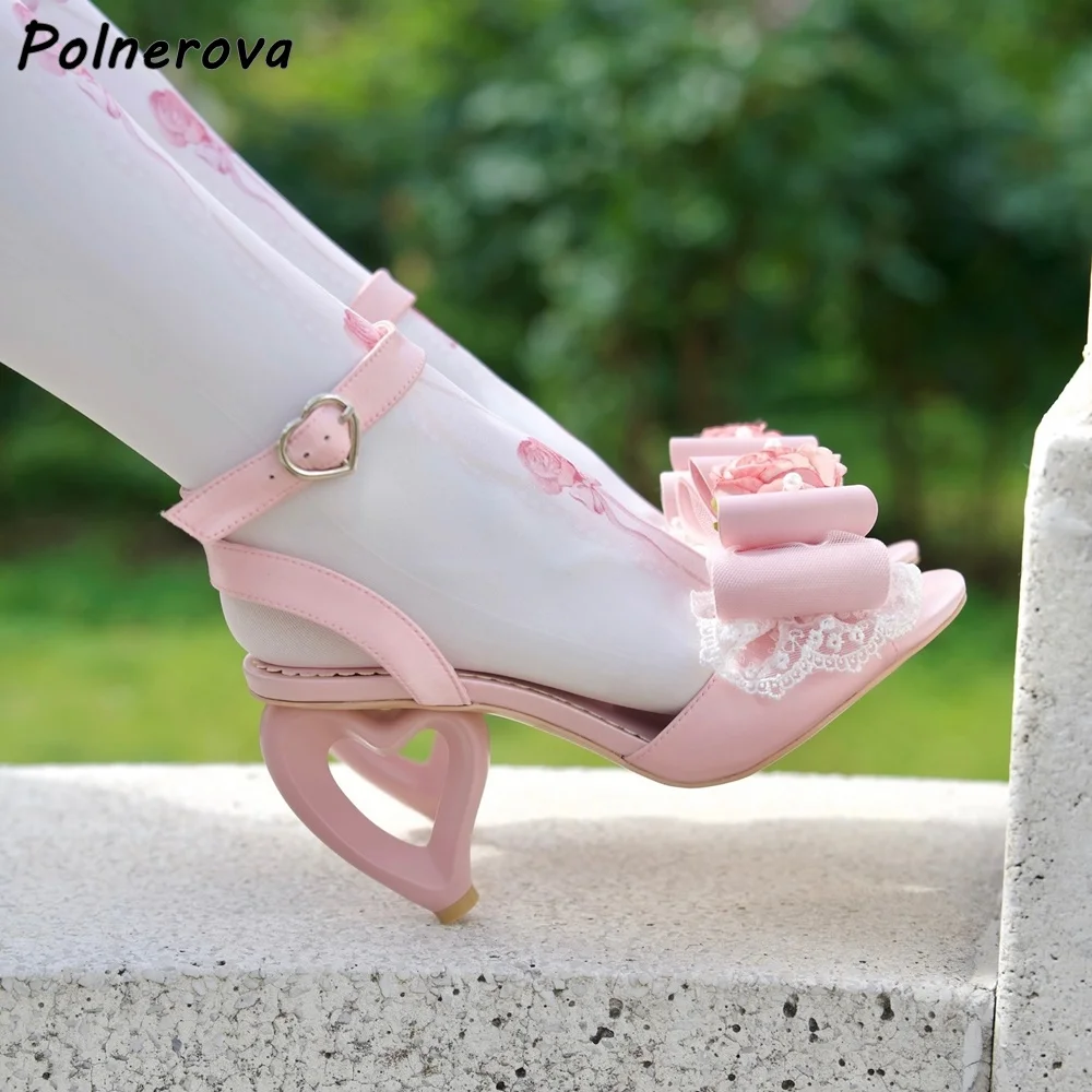 Spitze Rose Schmetterling Knoten Sandalen Herz Heels Perle Kette Knöchel Band Lolita Schuhe frauen Süße Sommer Elegante Süße Schuhe 2025