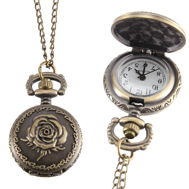 Vintage Taschenuhr Bronze Farbe Quarzuhr Coole Kette Rose Uhren Image