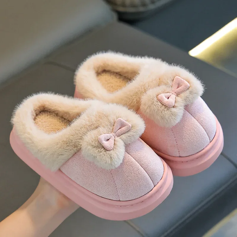 Kinder-Freizeitschuhe, Stiefeletten, Schleife, Baumwolle, einfarbig, Winterschuhe für Mädchen, rutschfest, warm, rosa, beige, Größe 17–22 cm