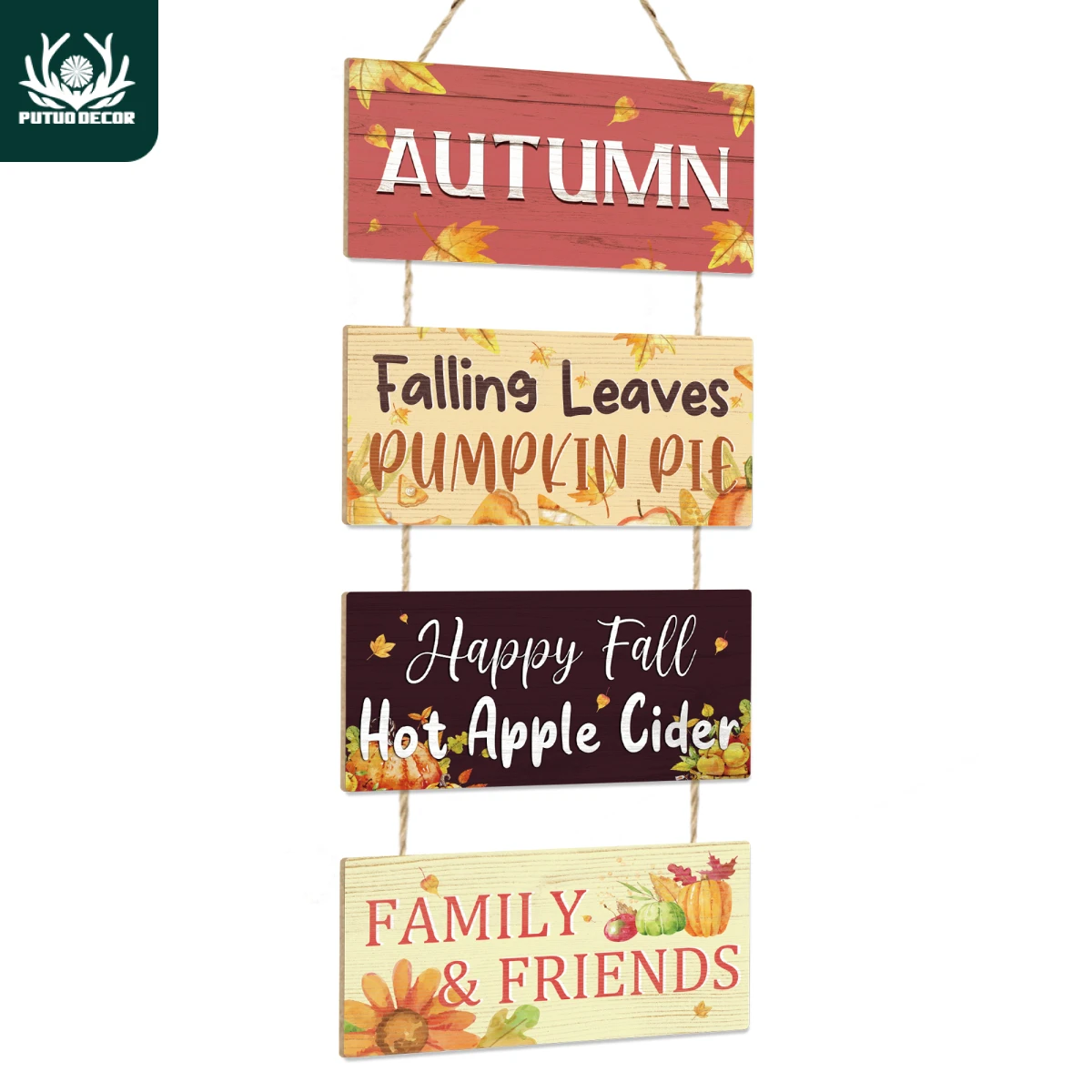 Putuo Decor 1-teiliges Holzschild zum Aufhängen, Herbst-Schild mit fallenden Blättern, Kürbiskuchen, Thanksgiving-Familienparty-Dekoration, Thanksgiving-Geschenk Image