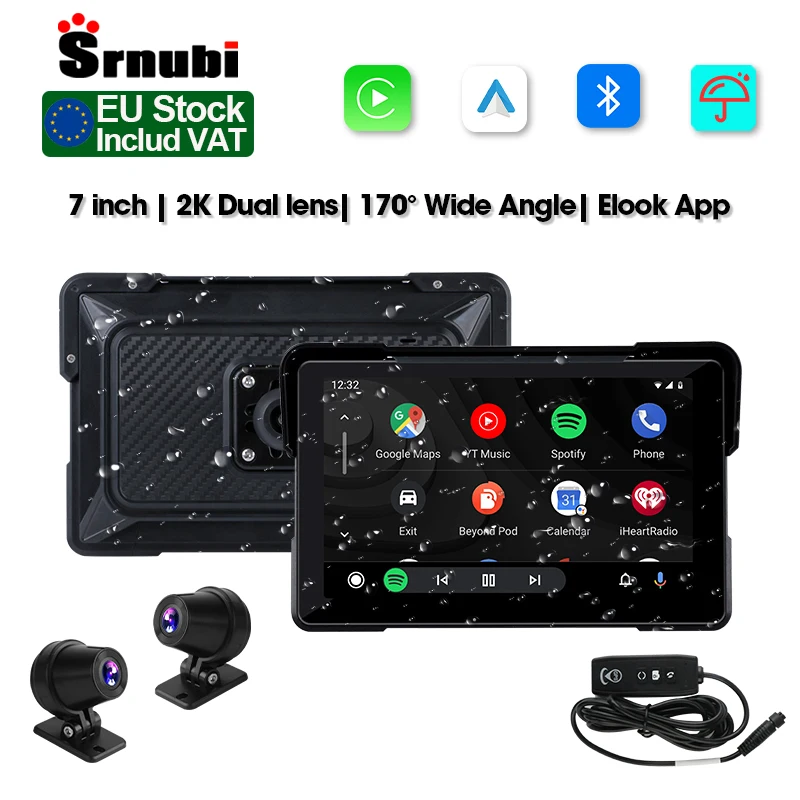 Srnubi 7 "Pollici 2K HD Moto DVR Wireless CarPlay Android Auto Airplay Monitor Portatile di Navigazione GPS IP67 Impermeabile BT5.0