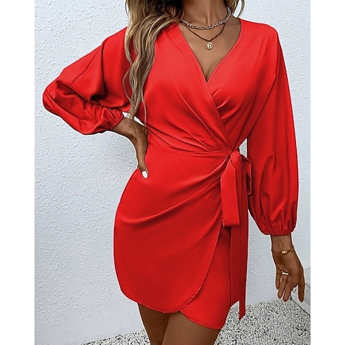 Damen Midikleid Satinkleid Freizeitkleid Arbeitskleidung Elegant Mode Modern Täglich Outdoor Strand Normale Passform Einfach Langarm V Ausschnitt Schwarz Gelb Rote Orange Frühling Herbst Image