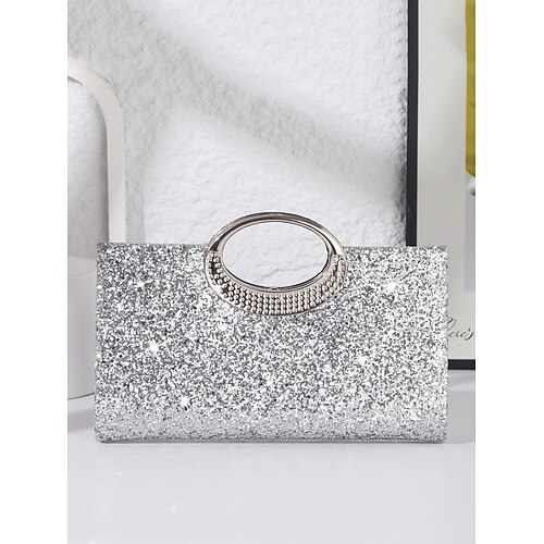 Glitzernde silber-goldene Abend-Clutch für Damen mit metallischem Ringgriff, elegante und stilvolle Handtasche für Partys, Hochzeiten und formelle Anlässe