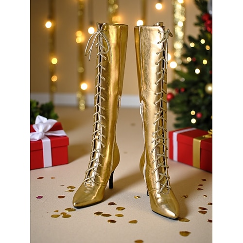 kniehohe Damenstiefel mit Schnürung in Silber-Metallic, spitzer Zehenpartie und Stilettoabsatz, modisches Statement-Schuhwerk für urbane Party- und Nachtleben-Outfits Image