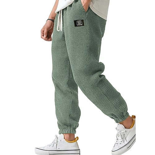 Herren Waffel Jogginghose Jogginghose Jogger Hose Freizeithose Kordelzug Einfarbig Komfort Volle Länge Täglich Outdoor Streetwear Mode Klassicher Stil Meerblau Schwarz Dehnbar Image
