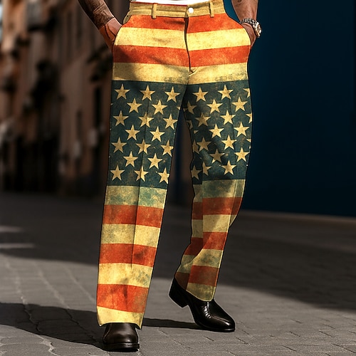 Herren Amerikanische US-Flagge Patriotisch Hose Anzughose Mittlere Taille Vintage-Retro Alltagskleidung Ferien Streetwear Relaxed Fit Anzughose mit flacher Vorderseite und Seitentaschen Frühling Image