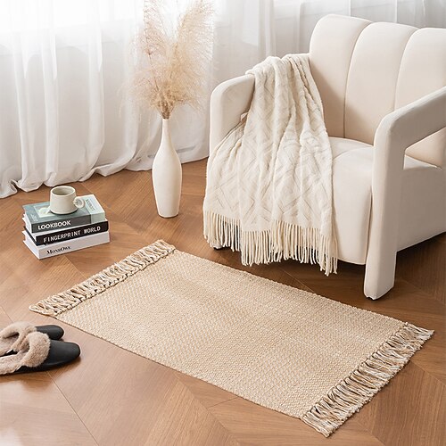 Minimalistischer Baumwollgewebter Fransenbereichsteppich für Wohnzimmer und Schlafzimmer weiche rutschfeste maschinenwaschbare Fußmatte hochwertige Polyester-Mischung Sofakissen Eingangsbereichsmatte Image