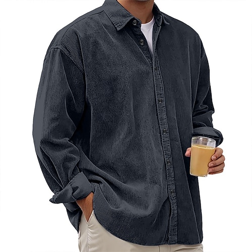 Herren Hemd Freizeithemd Cordhemd Knopfhemd Schwarz Weiß Marineblau Blau Purpur Langarm Umlegekragen Outdoor Straße Bekleidung Vintage Lässig Image