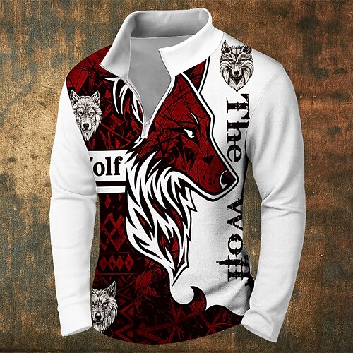 Herren Wolf Pullover Vintage-Retro Jagd Langarm Reißverschluss Outdoor Sport im Freien Streetwear Schwarz Weiß Herbst Ganzjahres Designer S M L XL XXL XXXL Image