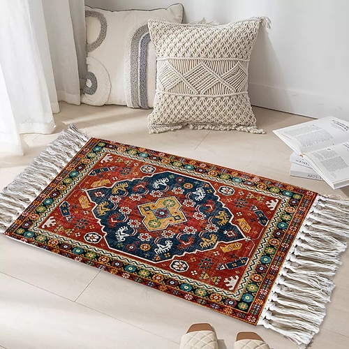 Vintage Persischer Teppich für Wohnzimmer und Schlafzimmer weicher rutschfester maschinenwaschbarer Teppich ethnischer Stil handgewebter Low-Polyester-Baumwollmischung Bettvorleger Sofakissen Image