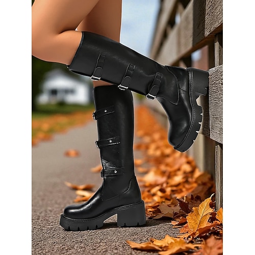 Damen Stiefel Reitstiefel Outdoor Täglich Kniehohe Stiefel Schnalle Plateau Blockabsatz Runde Zehe Western Spaziergang Kunstleder Schnalle Schwarz Braun