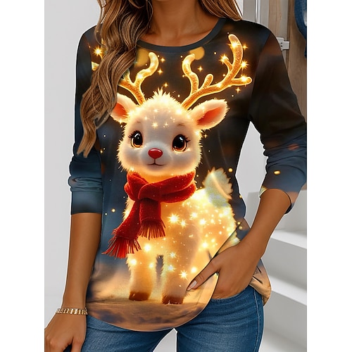 Weihnachten Damen T-Shirt Claus Vintage Stilvolle Klassische Lange Ärmel Rundhals Regelmäßige Oberteile Wochenende Print Salbeigrün Armeegrün Königsblau Blau Gold Winter Image