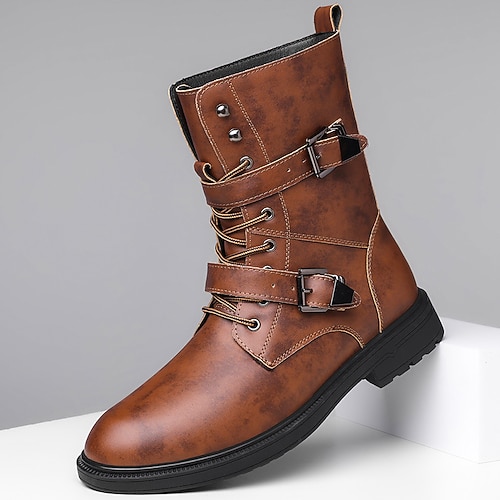 schwarze Herren-Kampfstiefel aus Kunstleder mit Schnürung, robuster Sohle, klobigem Design und Militärstil – perfekt für Biker, Punkrock-Mode und lässige Outdoor-Bekleidung Image