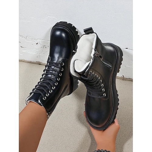 Schwarze Damen-Kampfstiefel aus Kunstleder mit Kunstfellfutter, Schnürstiefeletten für Streetwear und Freizeitoutfits Image