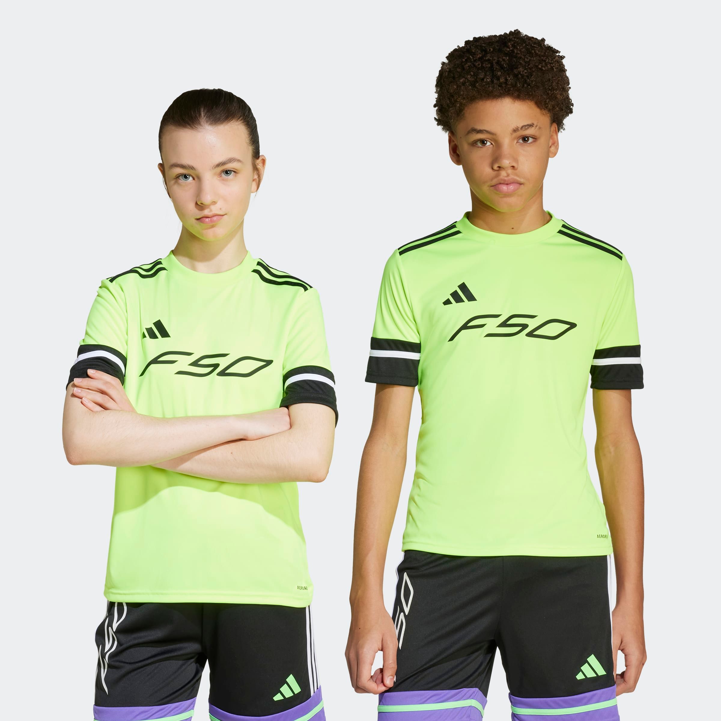 Fußballtrikot ADIDAS PERFORMANCE "F50 JSY Y", Kinder, Gr. 164, grün (lucid lemon, schwarz), Obermaterial: 100% Polyester, Rundhals, Trikots