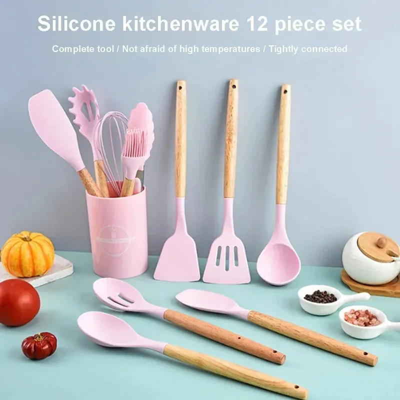 Ensemble d'ustensiles de cuisine en Silicone résistant à la chaleur, outils antiadhésifs, ustensiles de cuisine, manche en bois, Gadgets de cuisine pour une cuisine facile, 12 pièces