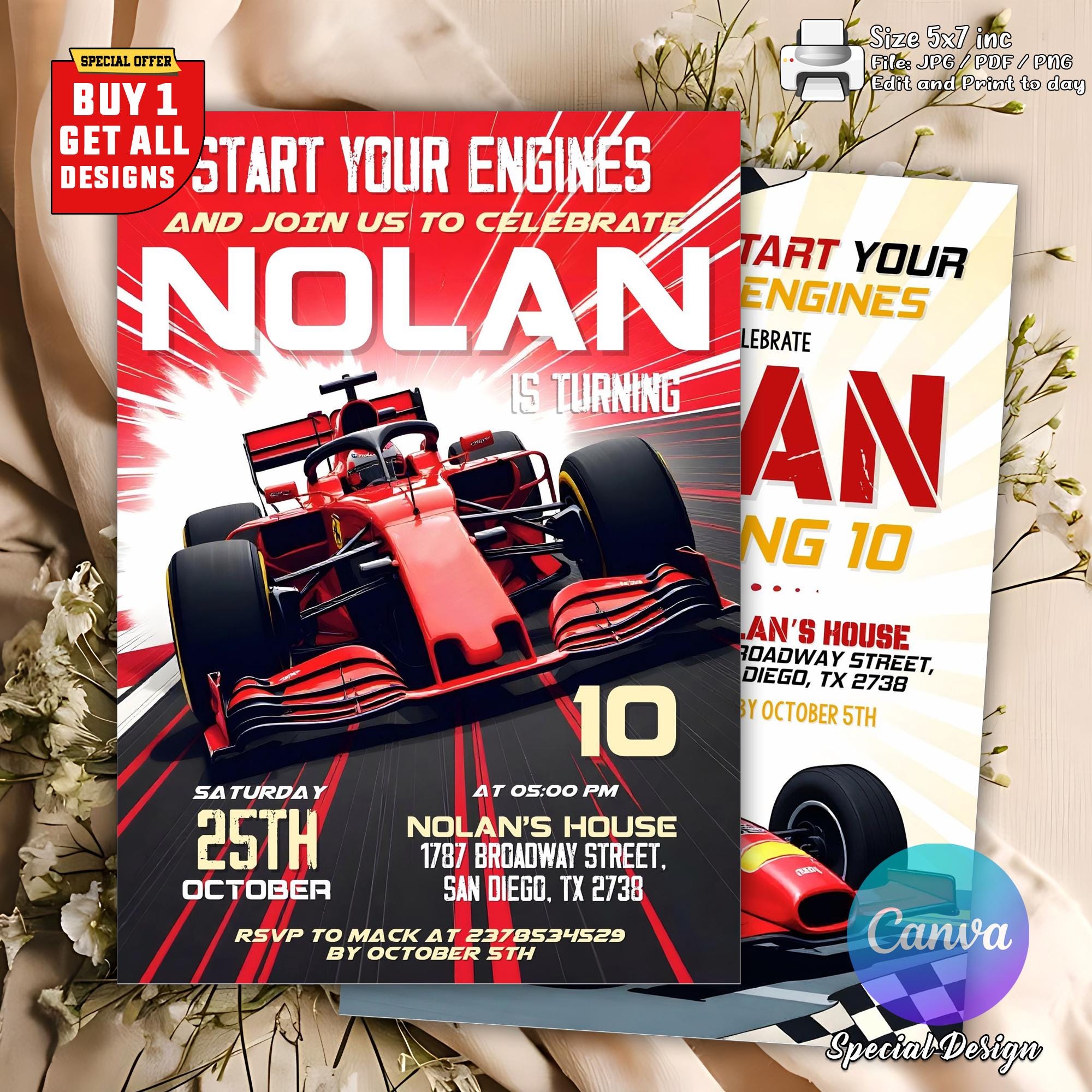 Invito a tema auto da corsa rossa, invito a tema Formula 1 per festa Ferrari, invito a tema compleanno auto da corsa, invito modificabile per festa di