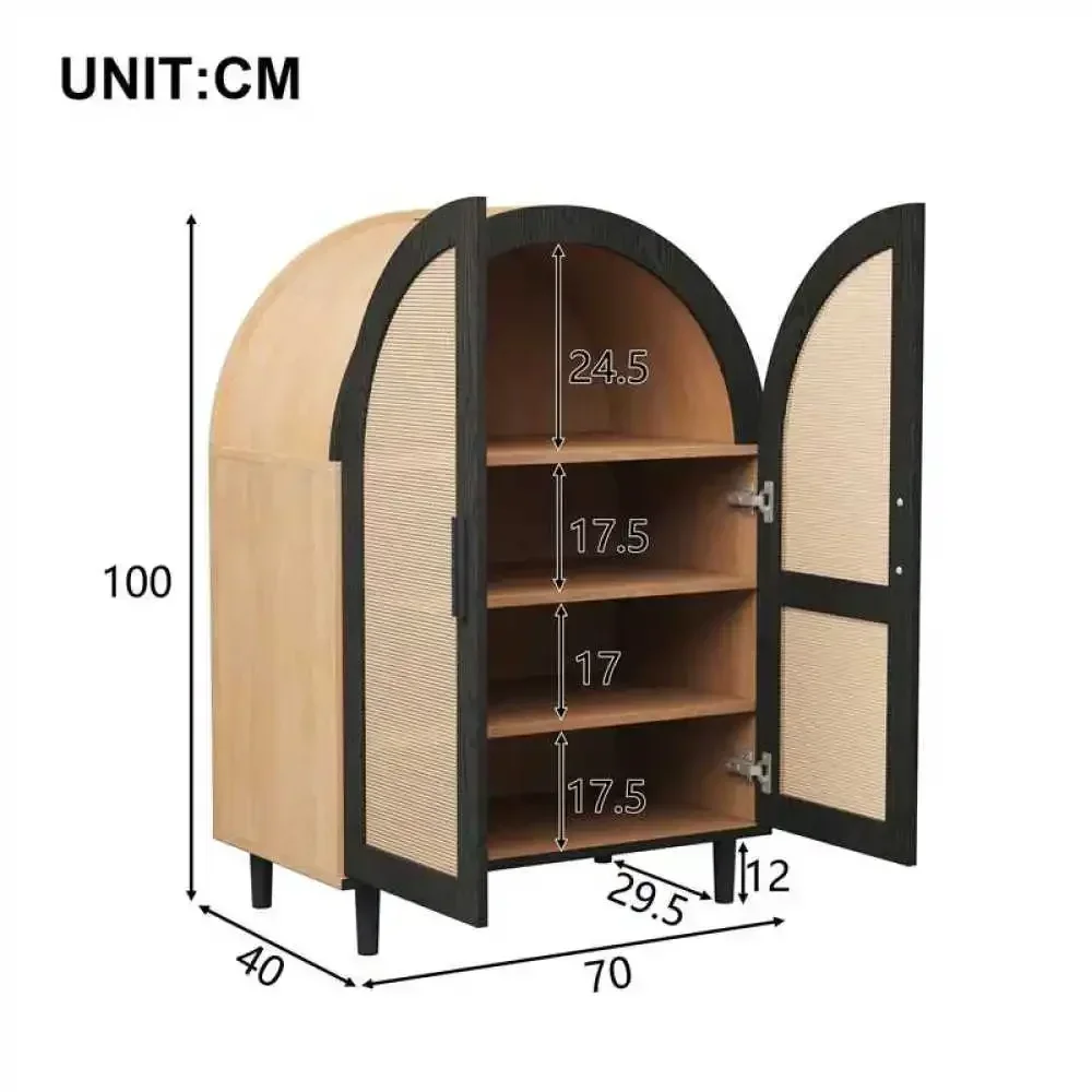 Modernes, elegantes Sideboard/Schuhschrank mit abgerundeten Außentüren, gebrochenen Rattantüren und drei Regalen, geeignet für das Wohnzimmer zu Hause