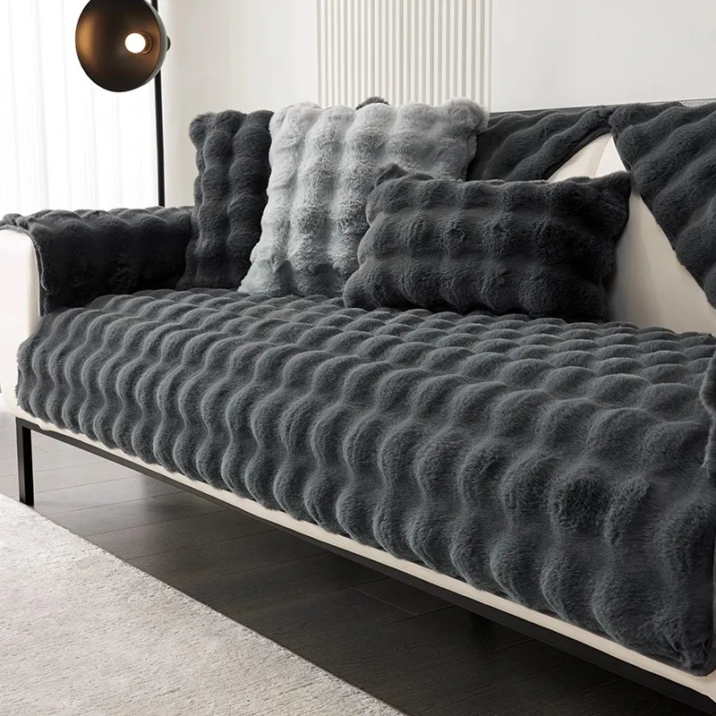 Verdicken Nachahmung Kaninchen Fell Plüsch Sofa Schonbezug Nicht-slip Weiche Sofa Handtuch Couch Kissen Für Wohnzimmer Moderne Wohnkultur Image
