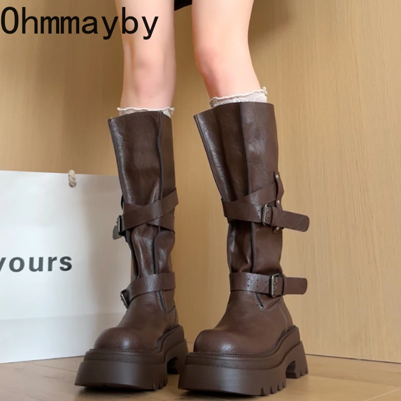 Winter Vintage Punk Stil Frau Kniehohe Stiefel Mode Gürtel Schnalle Slip Auf Schuhe Weibliche Dicken Boden Ritter Lange Booties Schuhe