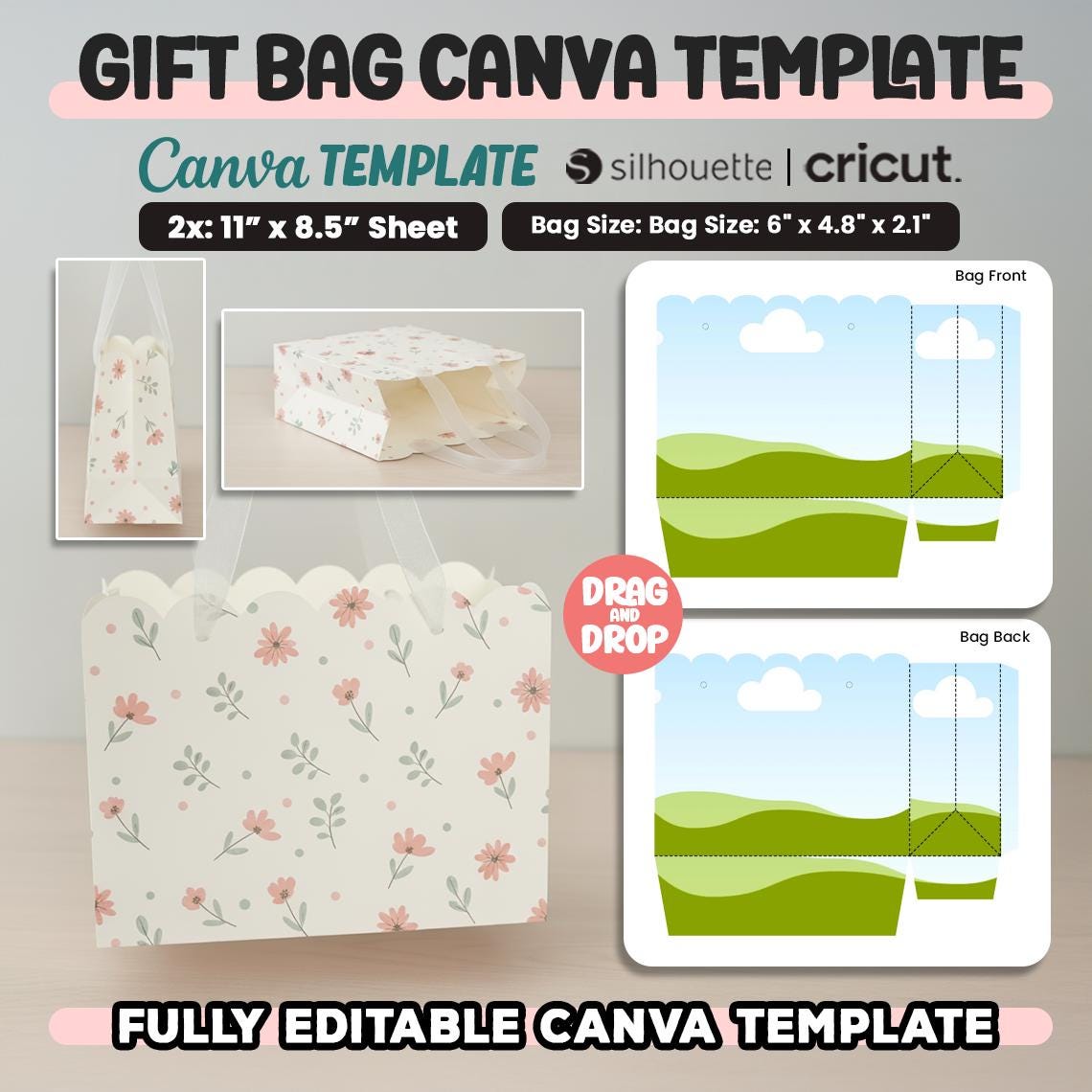Modello di borsa regalo personalizzata, modello di borsa per feste in carta Canva, modello di borsa per bomboniere, modello di borsa per dolcetti, bor