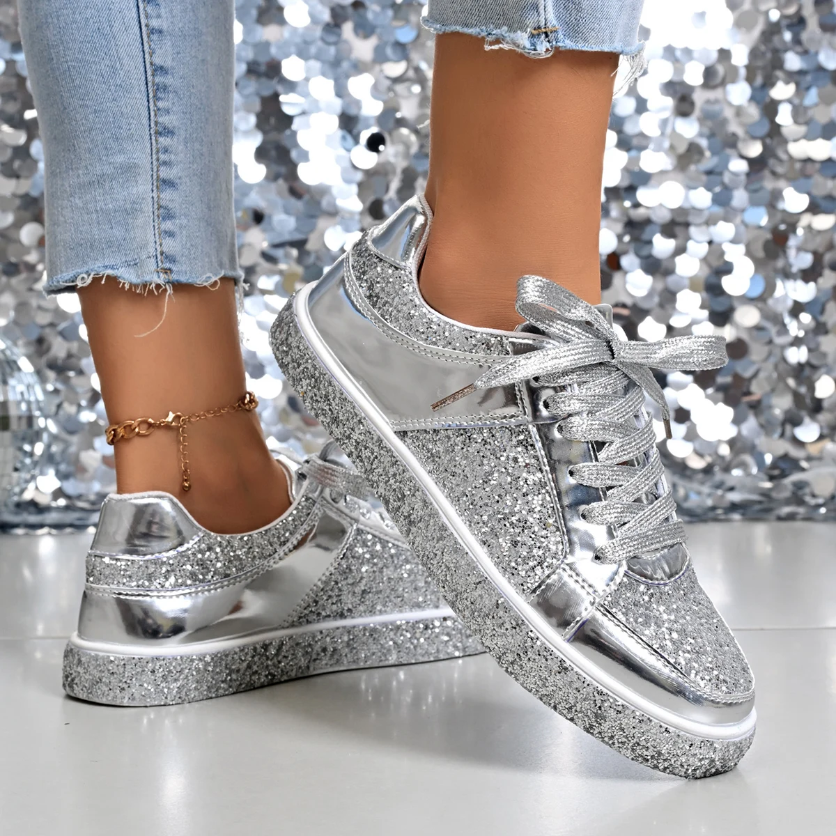 Damen-Sneaker, Laufschuhe, flache Schuhe, Bling-Splitter, Gold, Barfuß, Damen-Designer, lässiger Trend, neu in vulkanisierter Mode, bequem
