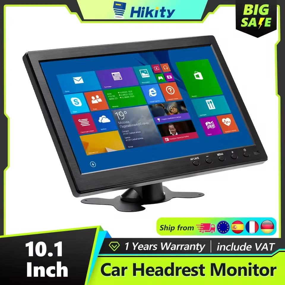 Hikity 10,1 Zoll Auto-Monitor, LCD-HD-Digitalbildschirm, HDMI/VGA/AV/USB/SD, schlanke UV-Beschichtung, PC/TV/DVD-Player für Auto