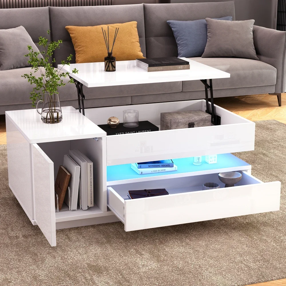 Hebe-Couchtisch mit 1 Schublade, 1 Schrank, Sofatisch mit LED, Hochglanz-Teetisch mit verstecktem Stauraum, halboffener Stauraum Image