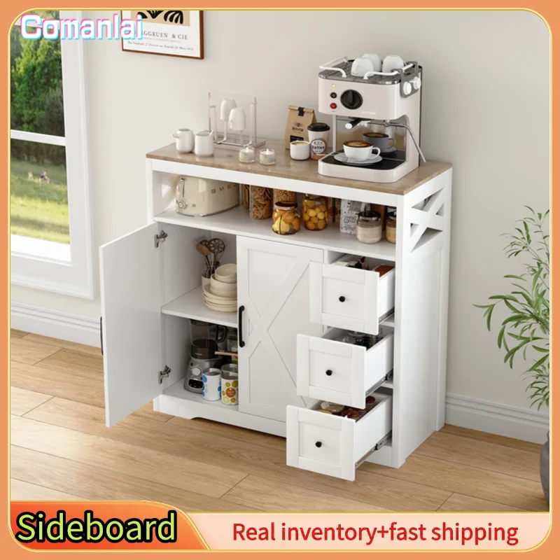 Comanlai Sideboard, Küchenschrank mit 3 Schubladen und 2 Scheunentüren, Aufbewahrungsschrank aus Holz, Buffetschrank, für Küche, Esszimmer